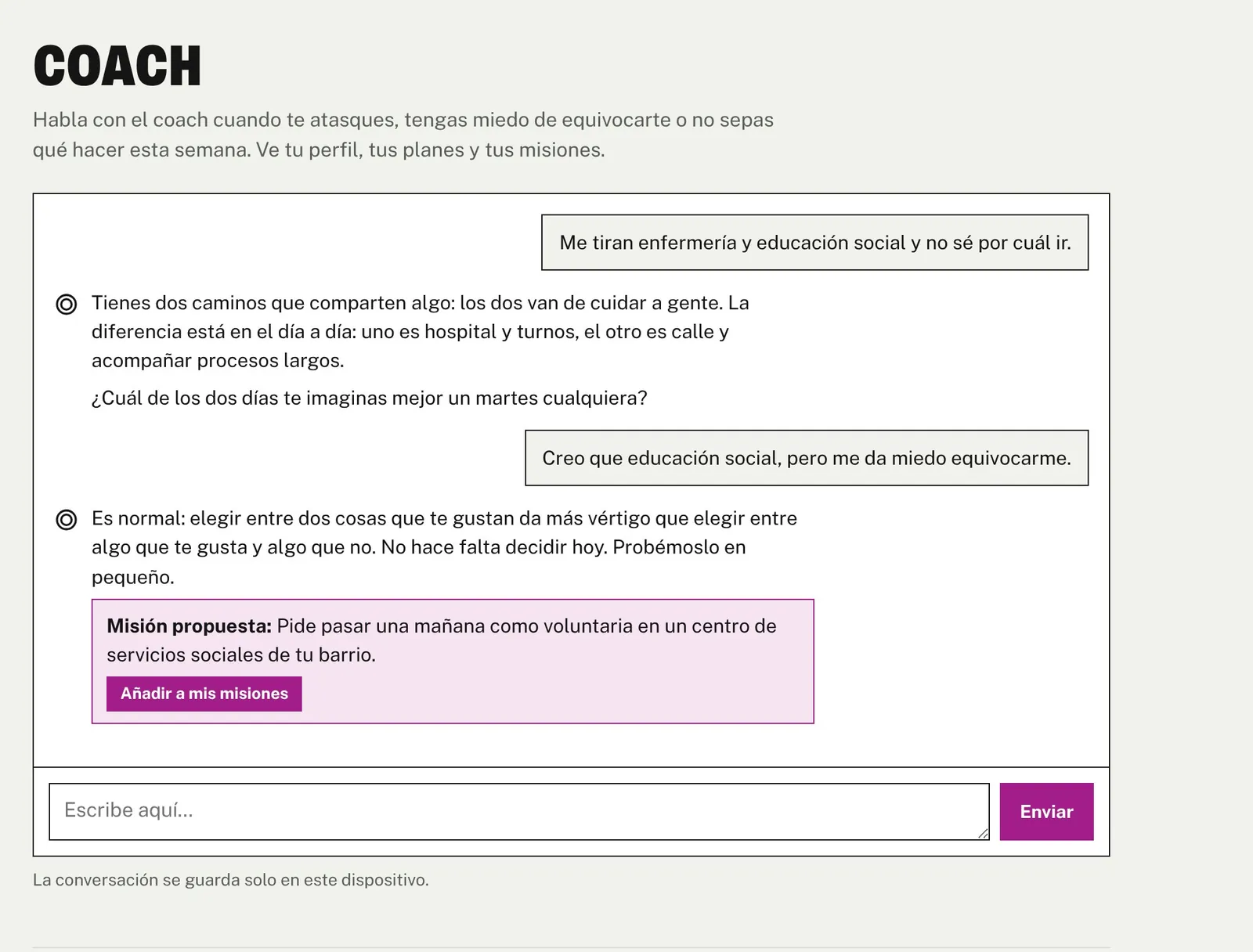 Conversación de ejemplo con el coach de la app.