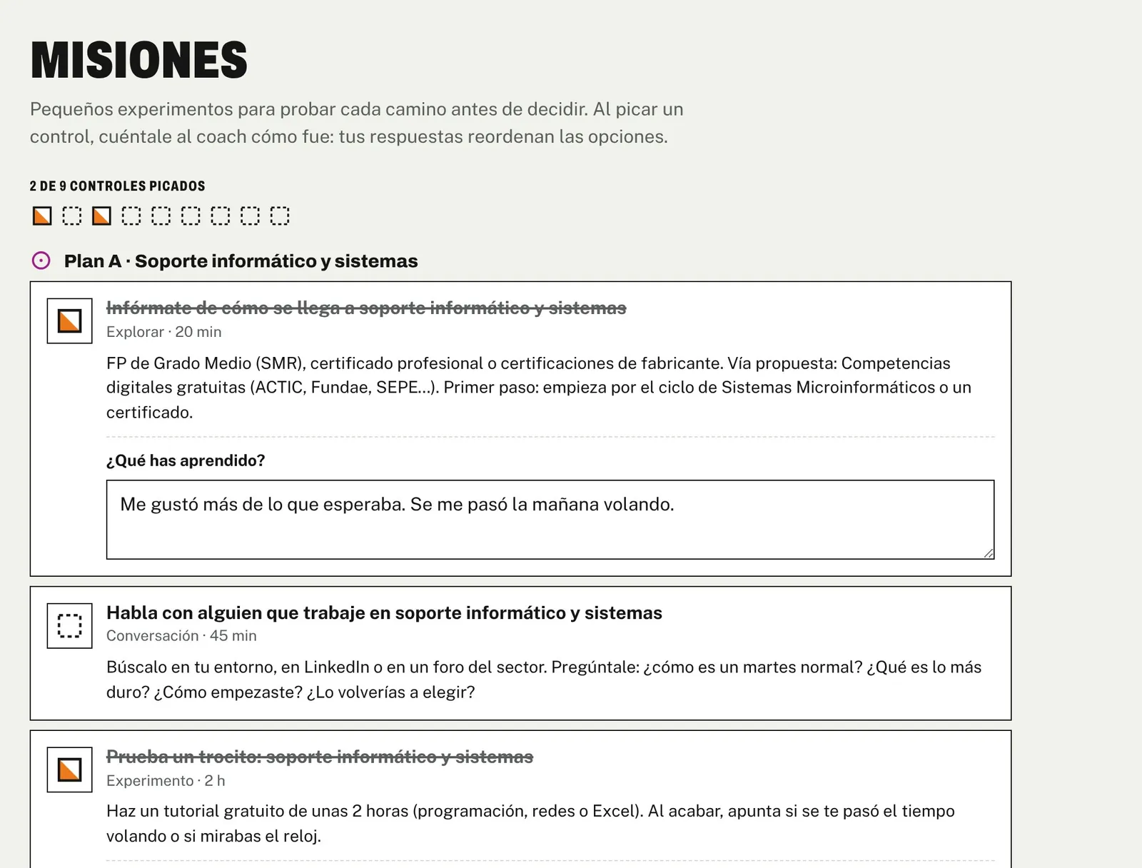 Las misiones de la app, cada una con su bandera de control.