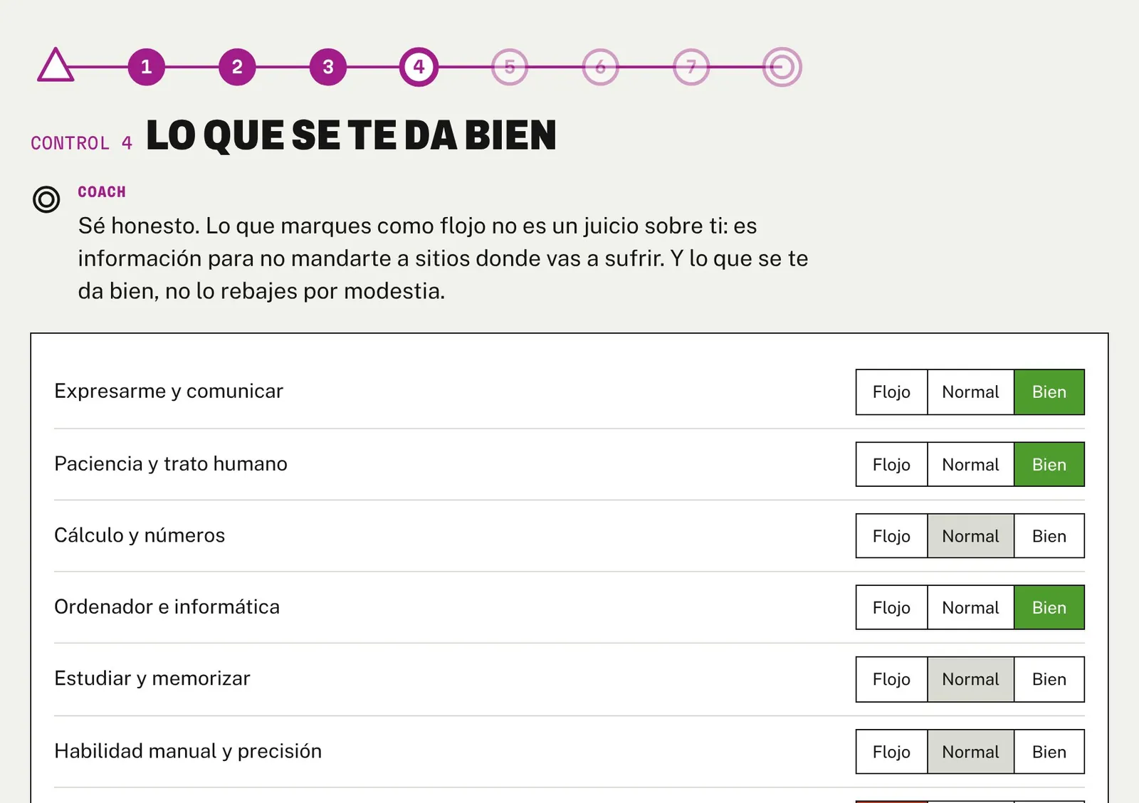 La app: lo que se te da bien, normal o flojo.