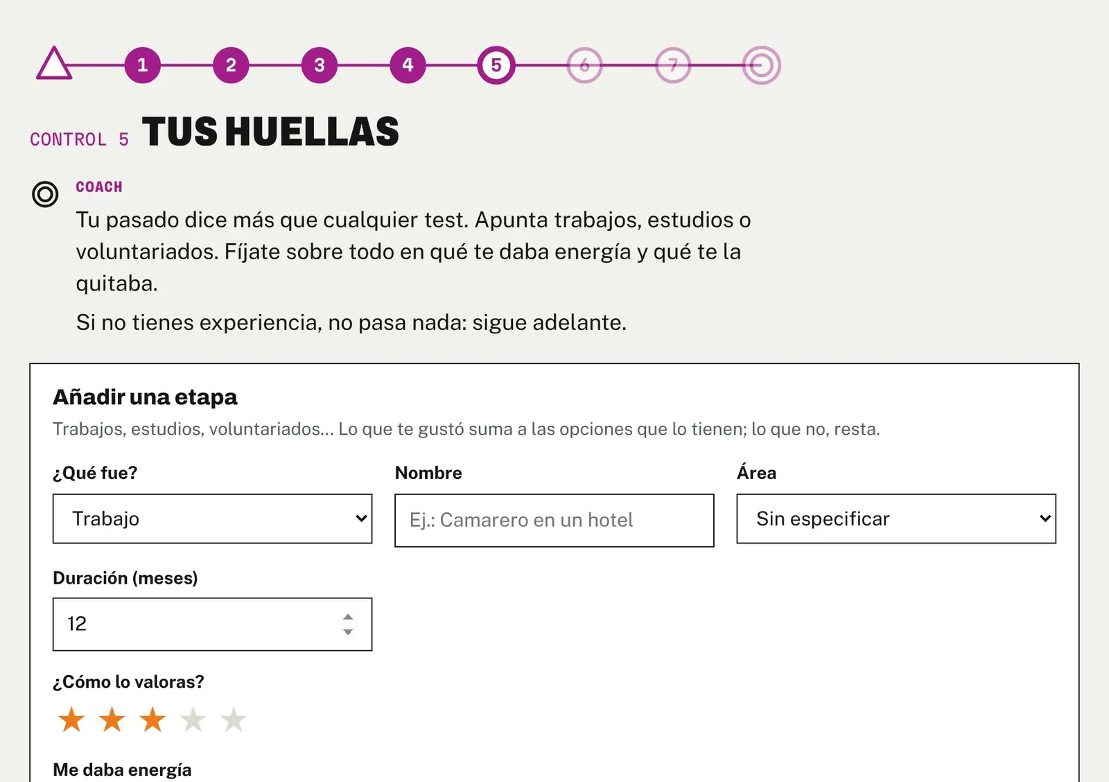 La app: trabajos y estudios anteriores con lo que te daba y quitaba energía.